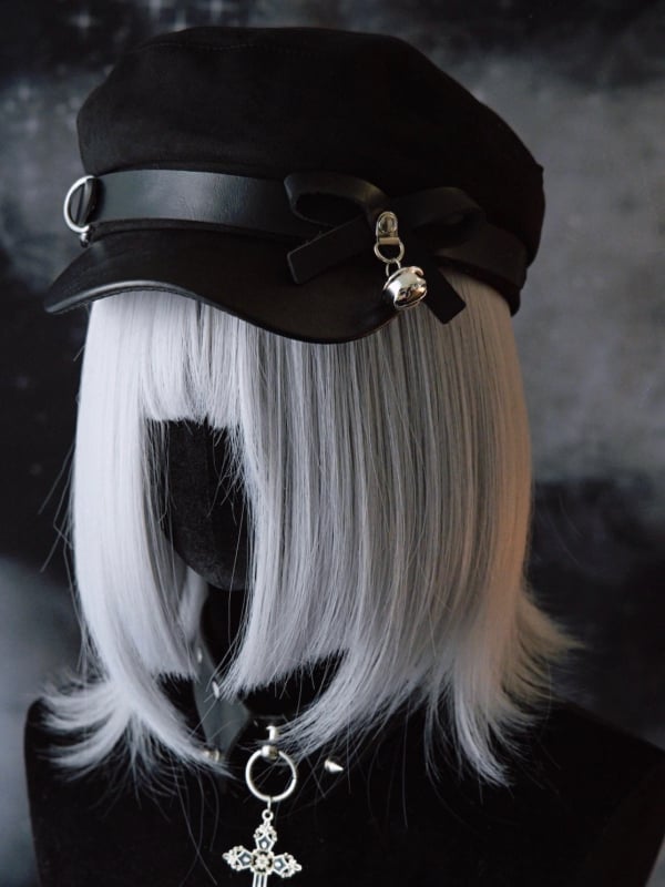 Charm Black Gothic Buckle Design Beret Bell Bowknot Hat Decorated