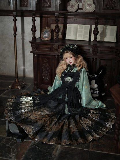 Black Mamian Skirt with Gold Floral Embellishment - San Sheng Du