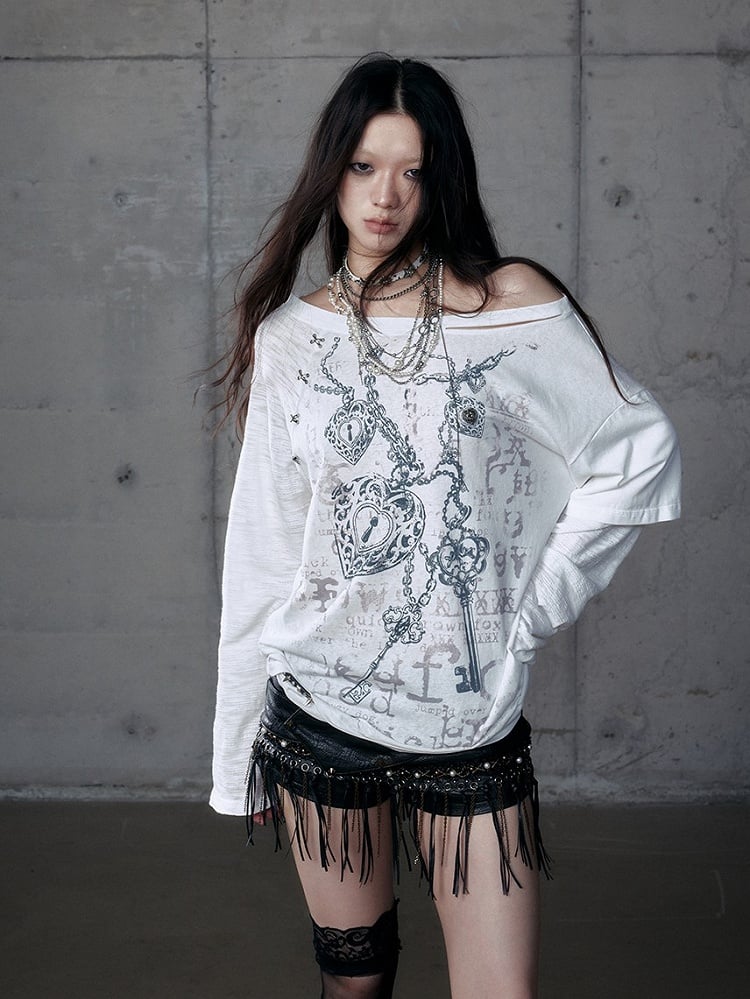 White Grunge Aesthetic Heart Off-Shoulder Print Stud Distressed Cross Punk with Top Details Charm Wasteland