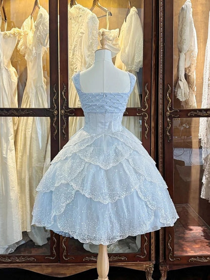 Blue Corset Waist Pearl Sequins JSK Dress Scalloped Hem - Iris fleur