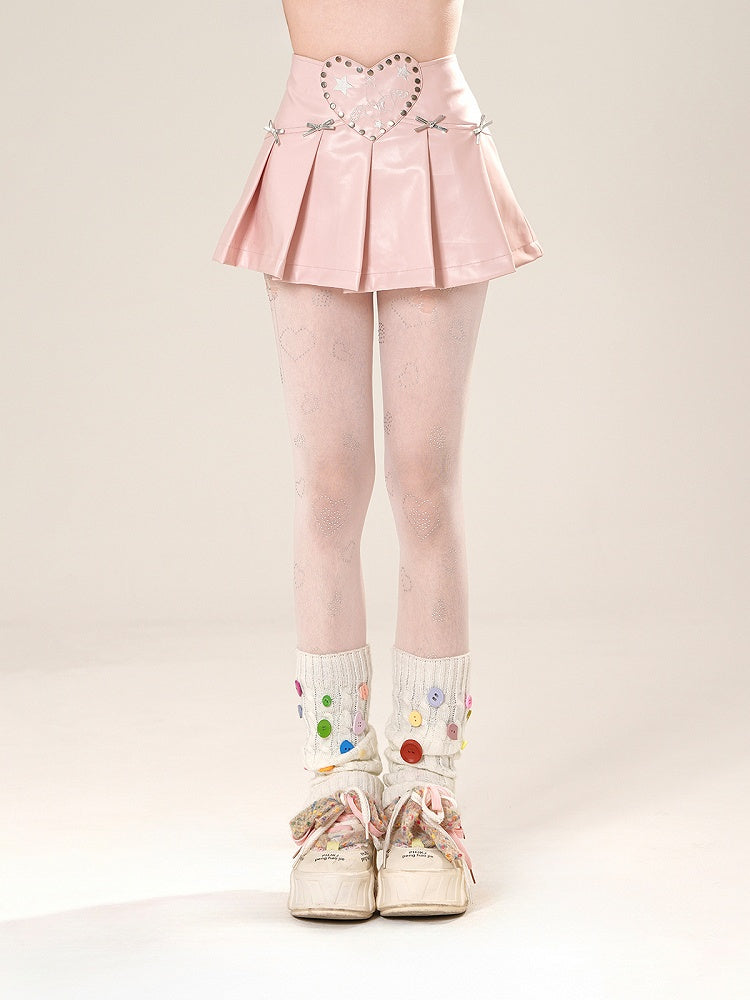 Pink/Black Studded Heart PU Pleated Skirt