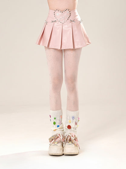 Pink/Black Studded Heart PU Pleated Skirt