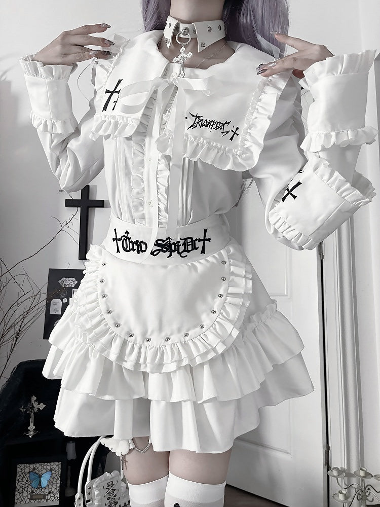 Bow Tie Lacing Long Trimmed Sleeve Gothic Topwith FrontMetal Back Ruffle Eyelet White
