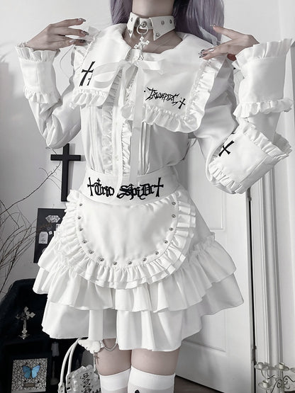 Bow Tie Lacing Long Trimmed Sleeve Gothic Topwith FrontMetal Back Ruffle Eyelet White