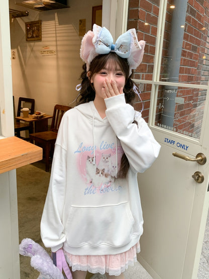 White Cat Print Loose Hoodie