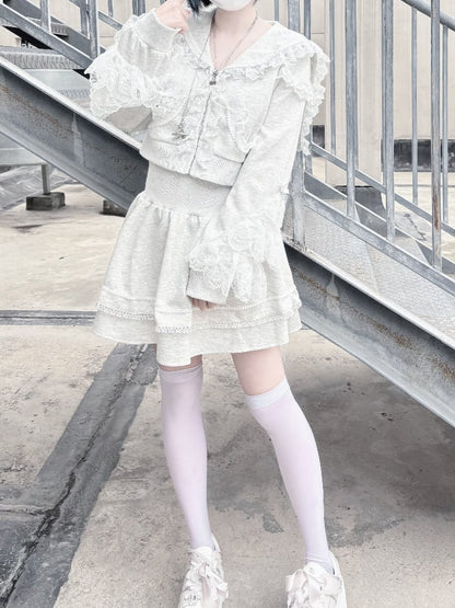 Collar Skirt Closure Sports Set- Sailor Trim Zip Hoodie+Lined Lace Ruffled Gray Jirai Kei