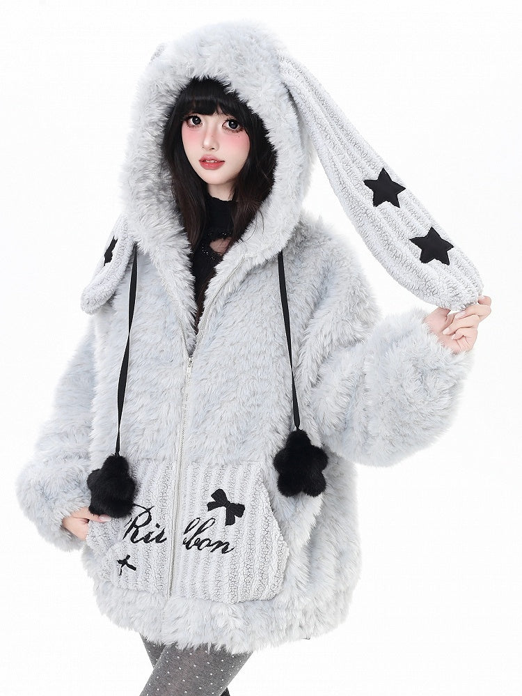 Jacket Hoodie Ear Accents Off-white/Dusty Blue Hood Kawaii Daily - Starry Stellar Bunny Striped