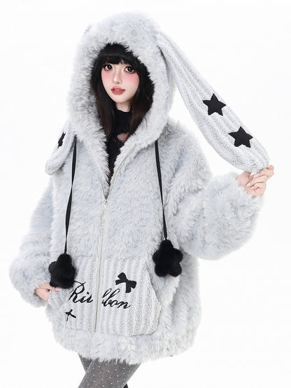 Jacket Hoodie Ear Accents Off-white/Dusty Blue Hood Kawaii Daily - Starry Stellar Bunny Striped