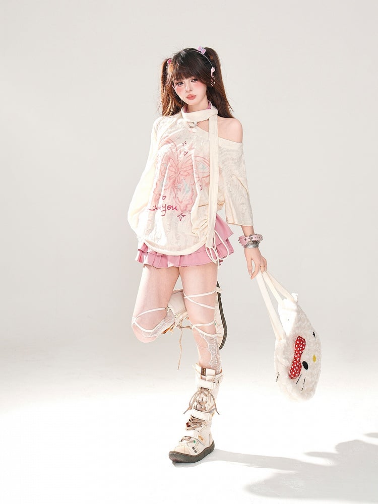 with Butterfly Print Distressed Holes Asymmetrical Apricot T-Shirt Neckline Free Scarf