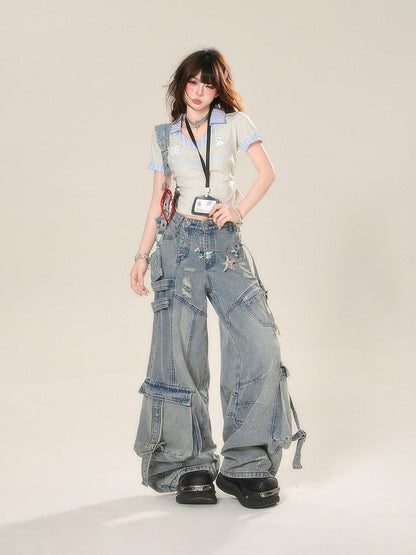 Glamorous Two-pieces Tag Style Faux Cropped T-Shirt with Name Grey Preppy Free Badge