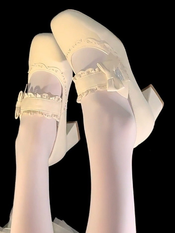 Block Scalloped Apricot Lolita Decor with Design Janes Heel - Details High Bow Mary Slip-On Trim