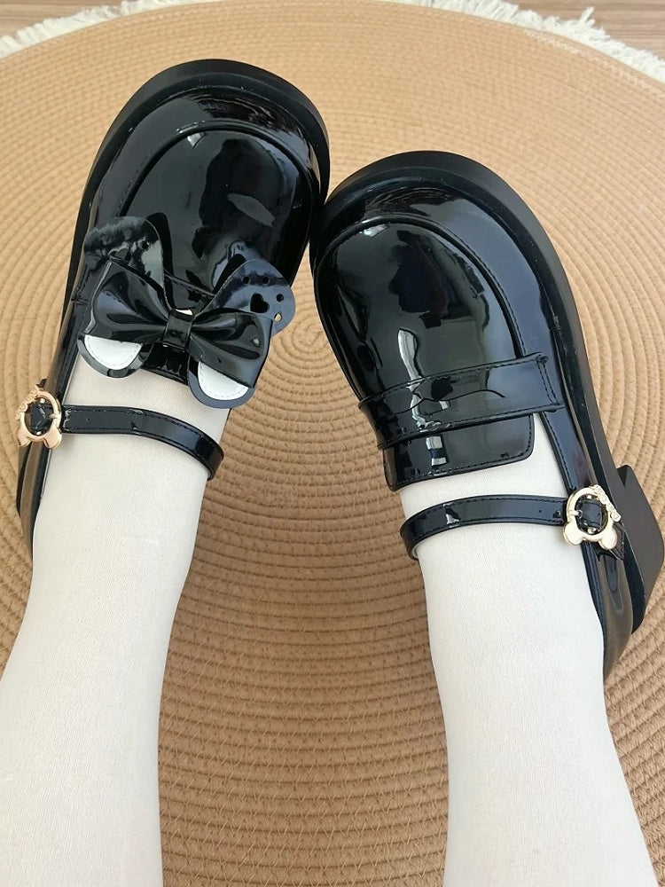 Ear Buckle - Shoes PU JK Heel Detachable Mid Black Bow Polished Academic with Style Bear