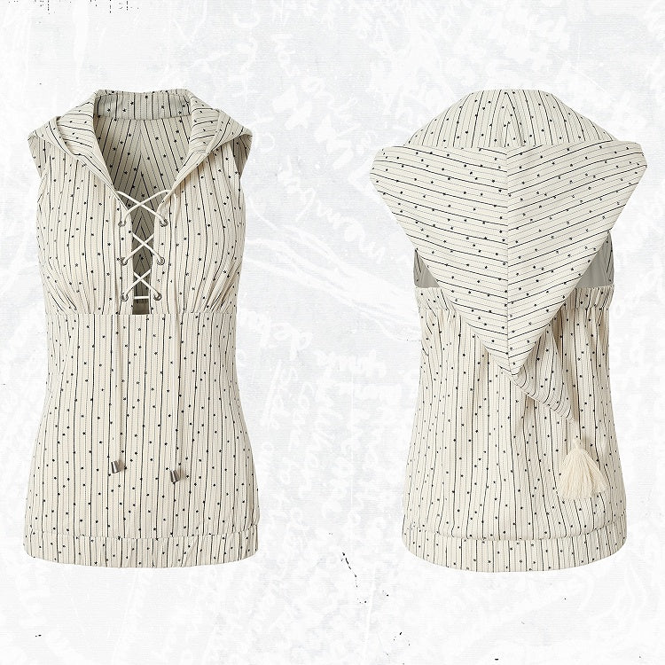 Print Top White Star Pattern Lace-up Sleeveless Hoodie Striped Detail
