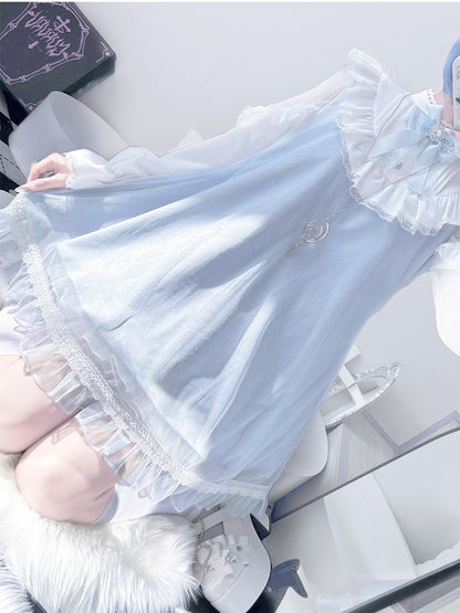 ジライケイ ライトブルー レースパッチショルダー ランドマインスタイル レーストリム ロングスリーブドレス