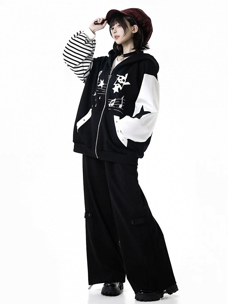 Pants Black Star Design Straight-Leg Stripe Applique with Drawstring