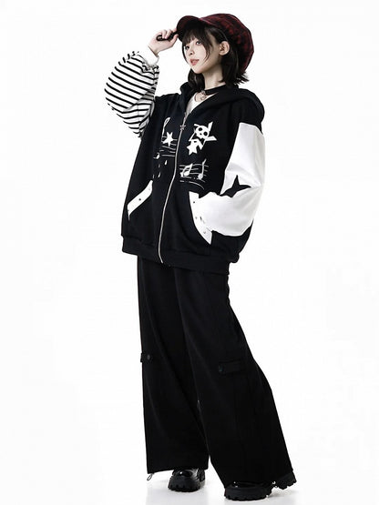Pants Black Star Design Straight-Leg Stripe Applique with Drawstring