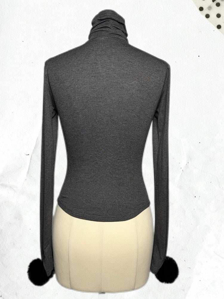 Long Sleeve Cuff Gothic Top Detachable Neck High - Pompon Decor