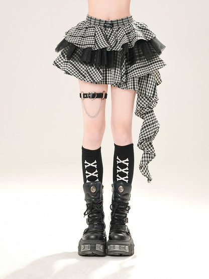 Black Elastic Waist Tiered Plaid Skirt Cascading Ruffle Accent