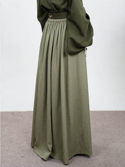 Skirt with Partial Green Style Pleated Waistband Chinese Elastic