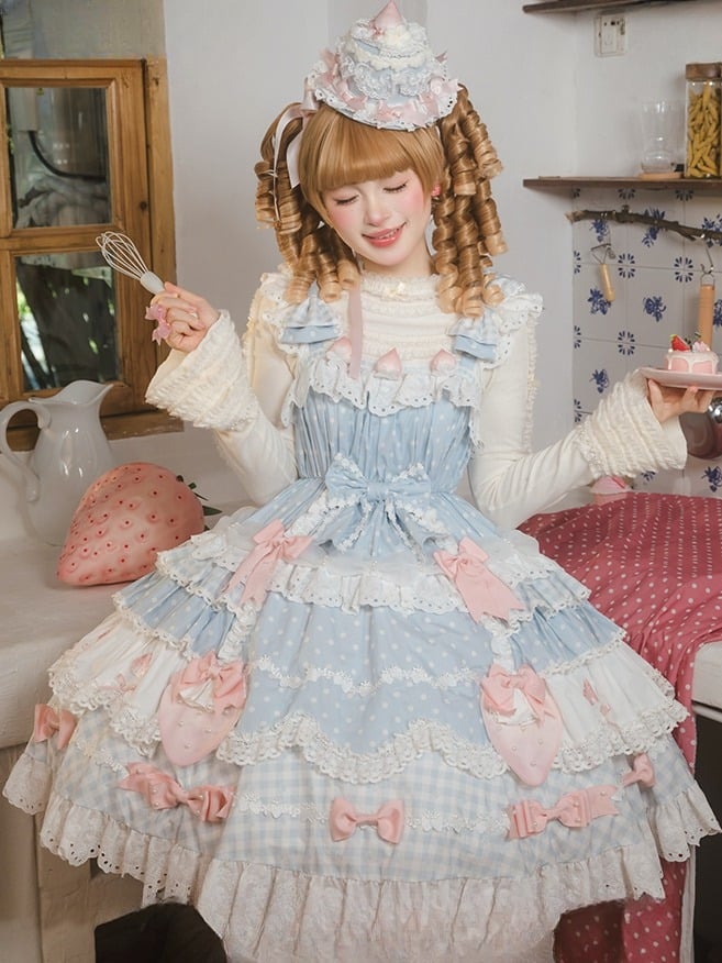 Dress with Layered JSK Sweet Lolita Blue Skirt Bow Accents