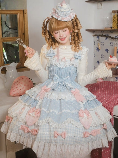 Dress with Layered JSK Sweet Lolita Blue Skirt Bow Accents