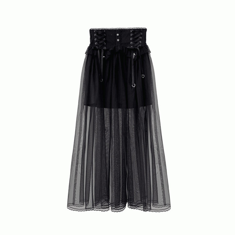Black Lace-up High Waist Skirt Jirai Kei Style with Mesh Overlay