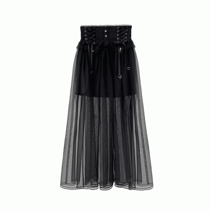 Black Lace-up High Waist Skirt Jirai Kei Style with Mesh Overlay
