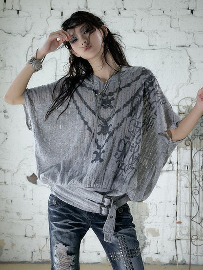 Dusty Blue Distressed Hooded Batwing Knit Top - NO ROMANCE