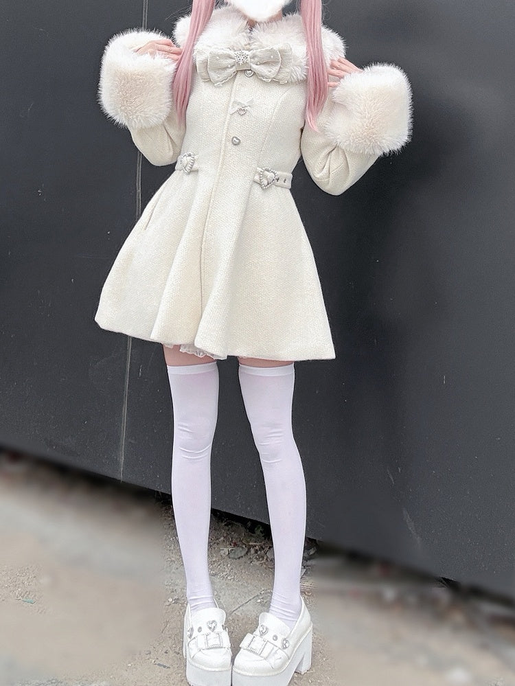 Faux Fur Detachable Coat Waisted Kei Black/Beige Collar with and Cuffs Jirai