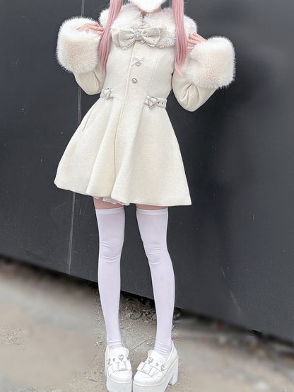 Faux Fur Detachable Coat Waisted Kei Black/Beige Collar with and Cuffs Jirai