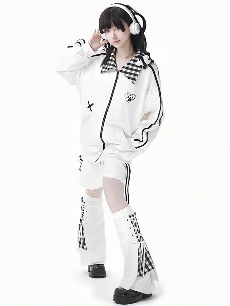 White Plaid Pattern Lace-up Details Leg Warmers