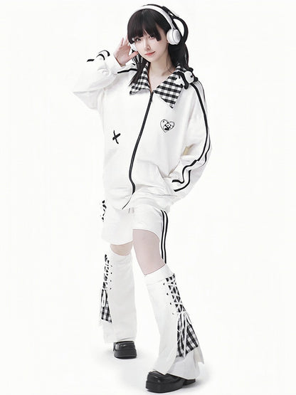 White Plaid Pattern Lace-up Details Leg Warmers