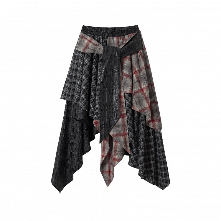 Black and Red Plaid Handkerchief Hem Distressed Skirt