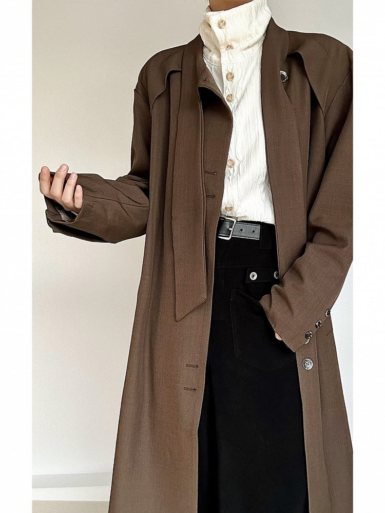 Coffee Trench Vintage Long Cuffs with Neck Lolita Coat Ouji Button Tie