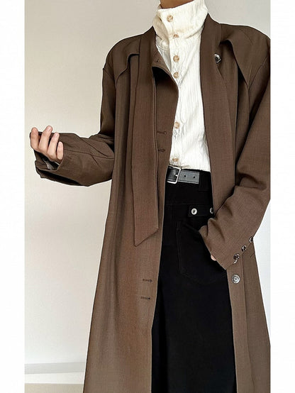 Coffee Trench Vintage Long Cuffs with Neck Lolita Coat Ouji Button Tie