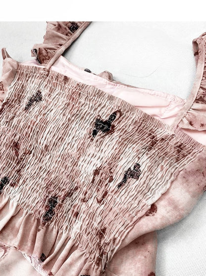 Cami Top Choker Asymmetrical Pink Hem Oil Rosette Painting And Print Glamorous Y2K With Butterfly