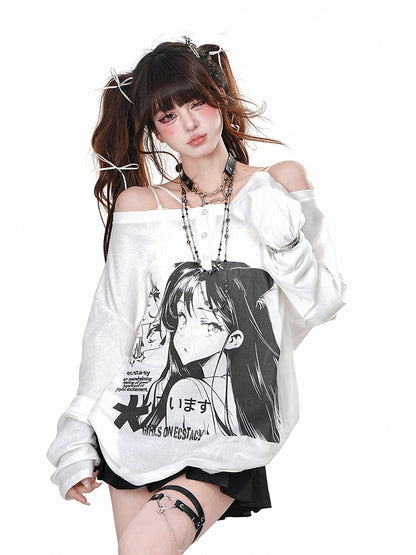 Black/White Off-the-shoulder Neckline Cartoon Print Top