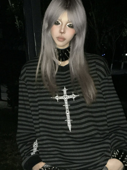 Sweatshirt with Gothic Black Print Gray Striped Cross