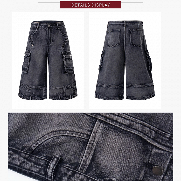 Black Cargo-Style Cropped Denim Pants with Multi-Pocket Utility Design - KNOW8 Online Shop