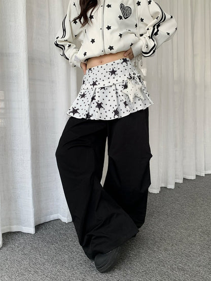 Patchwork Black Pants with Star-patterned Design Y2K Pull-on Skirt Wide-leg