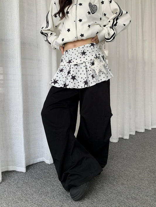 Patchwork Black Pants with Star-patterned Design Y2K Pull-on Skirt Wide-leg