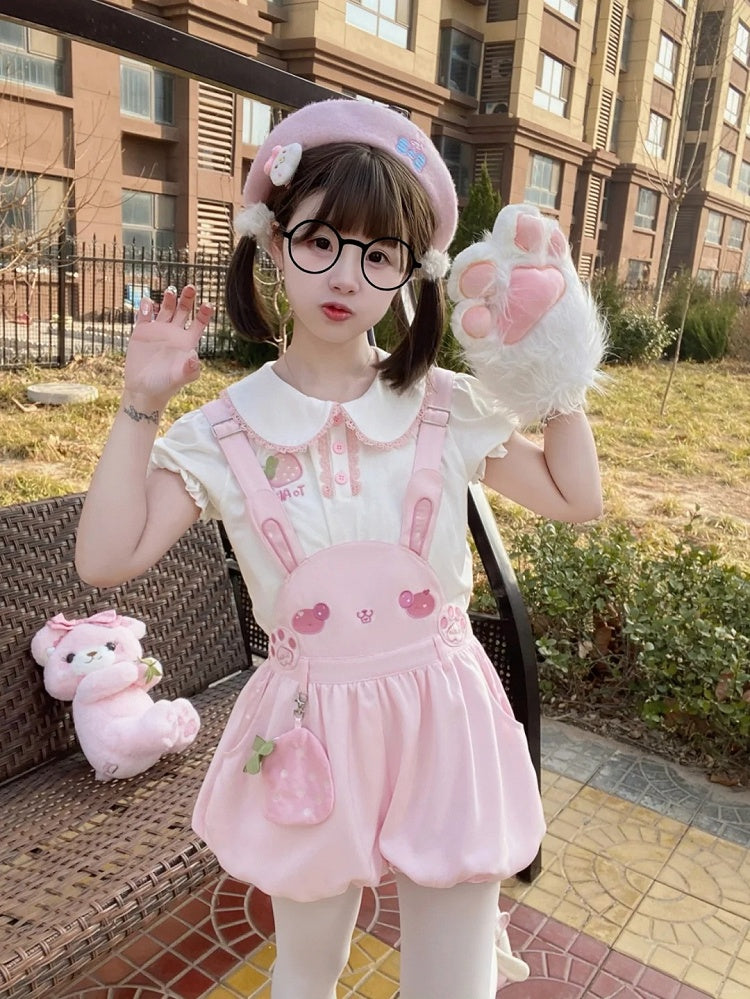 Adorable Bunny Design Pink Overalls Bubble Shorts