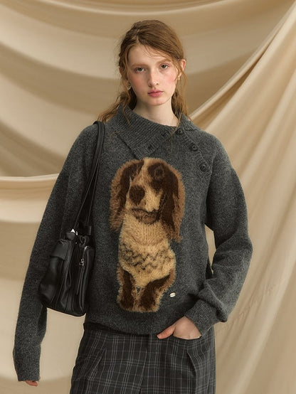 Vintage-Inspired Asymmetrical Neckline Sweater with Plush Sausage Dog Design Apricot/Dark Gray