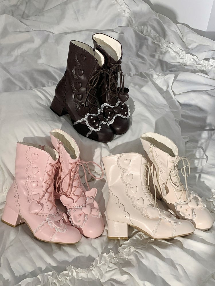 Heart Bow Hybrid Details Mid System in Block Closure Heel Boots Top Brown Beadwork Elegant Lolita PU with