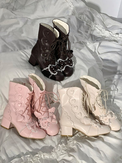 Heart Bow Hybrid Details Mid System in Block Closure Heel Boots Top Brown Beadwork Elegant Lolita PU with