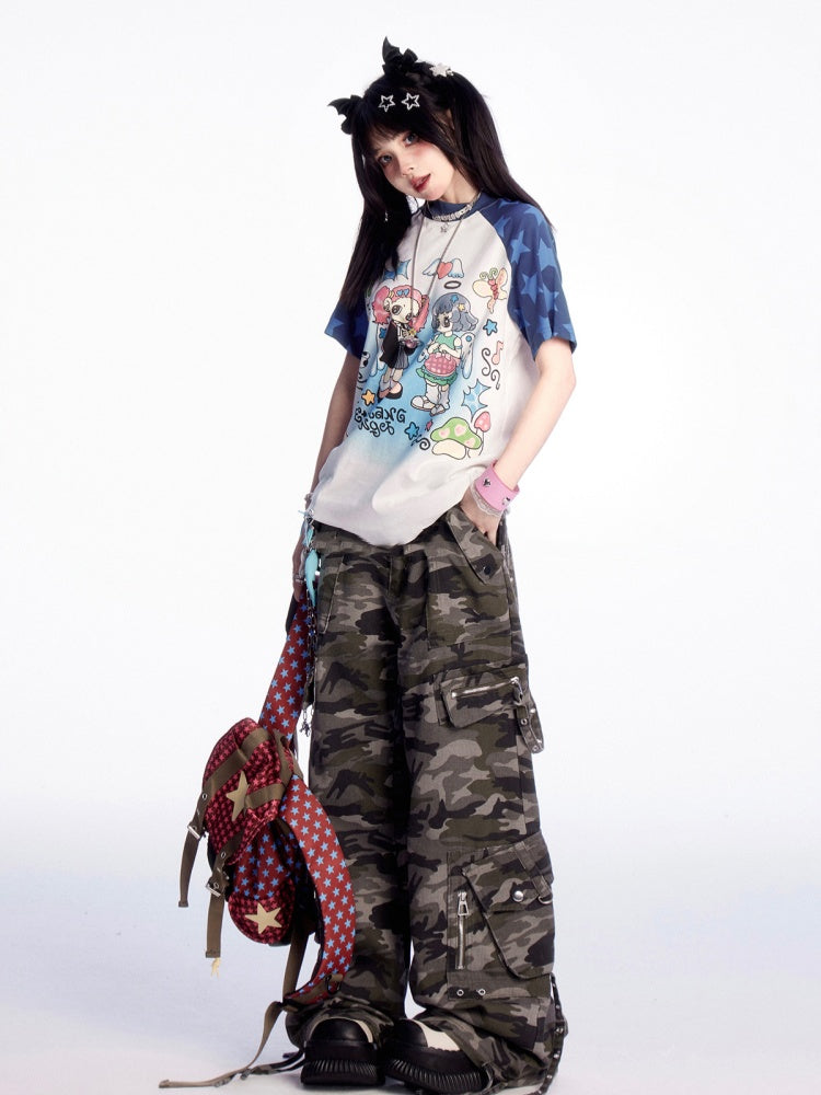 Cargohose mit weitem Bein, niedrige Taille in Camouflage, Vintage