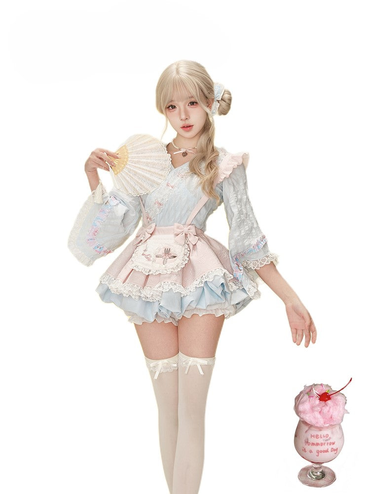 Blue Kimono-Style Long Sleeve Top with Ruffled Lace Accents