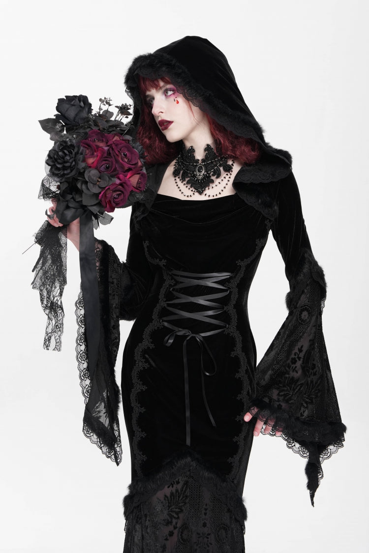 Black Long Trumpet Sleeve Hooded Mesh Gothic Dress Embroidery