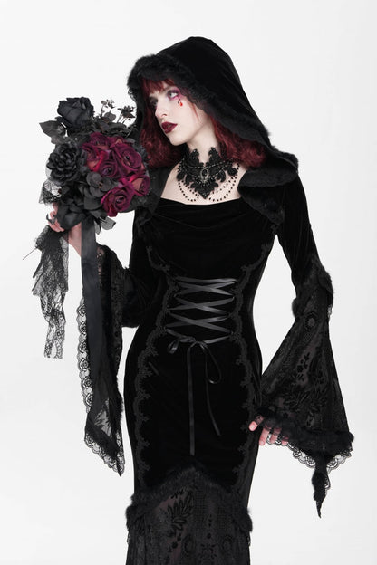 Black Long Trumpet Sleeve Hooded Mesh Gothic Dress Embroidery