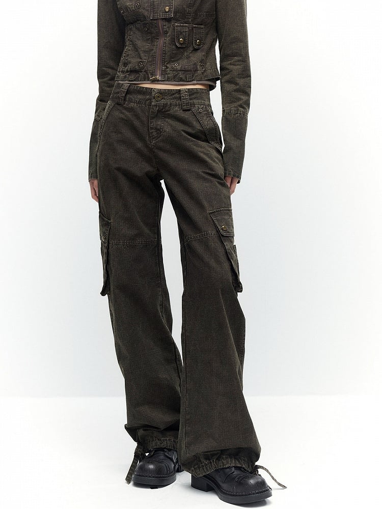 Coffee Straight Leg Cargo Pants with Drawstring Cuffs - Low pixel